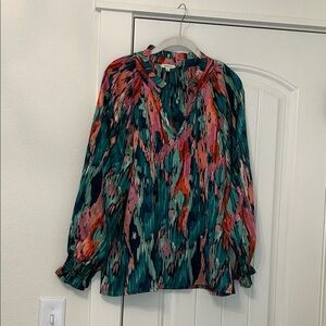 JODIFL Teal Multi-Color Printed V-Neck Long Sleeve Blouse